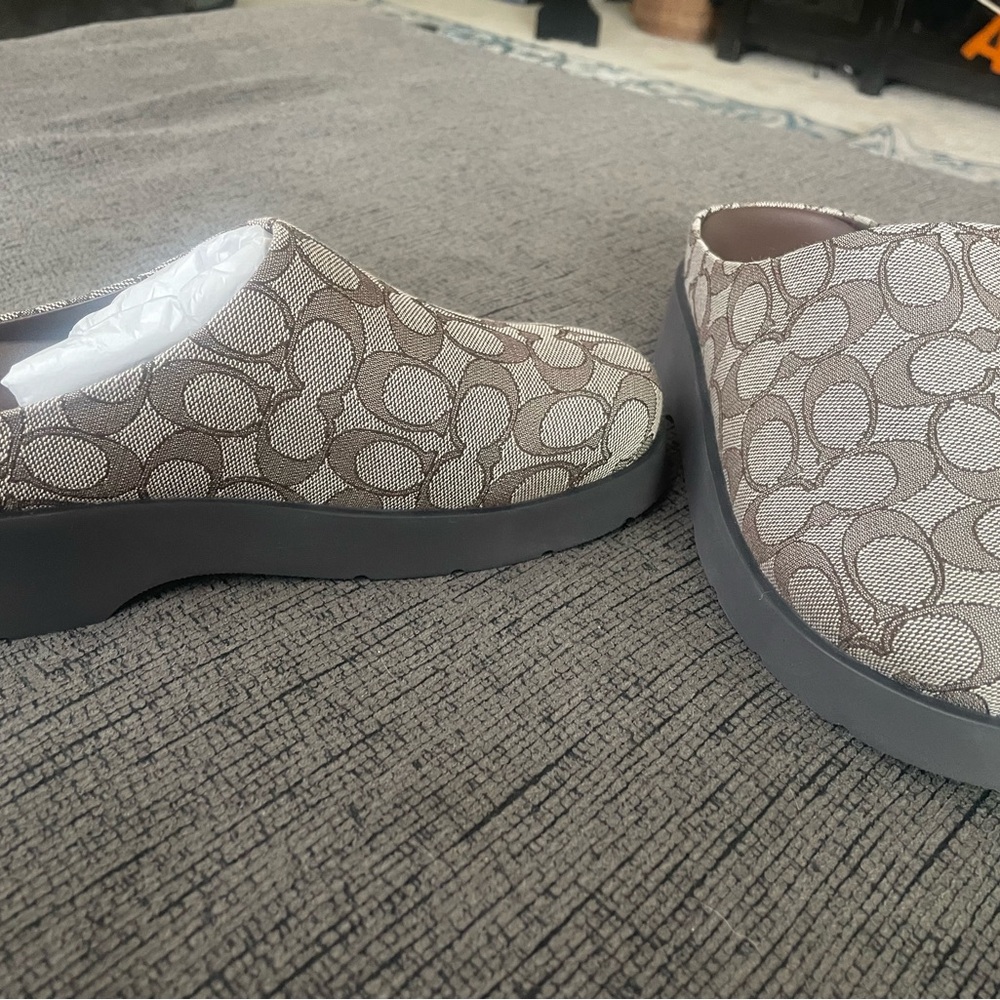 Coach brown and Cream Monogram Clogs